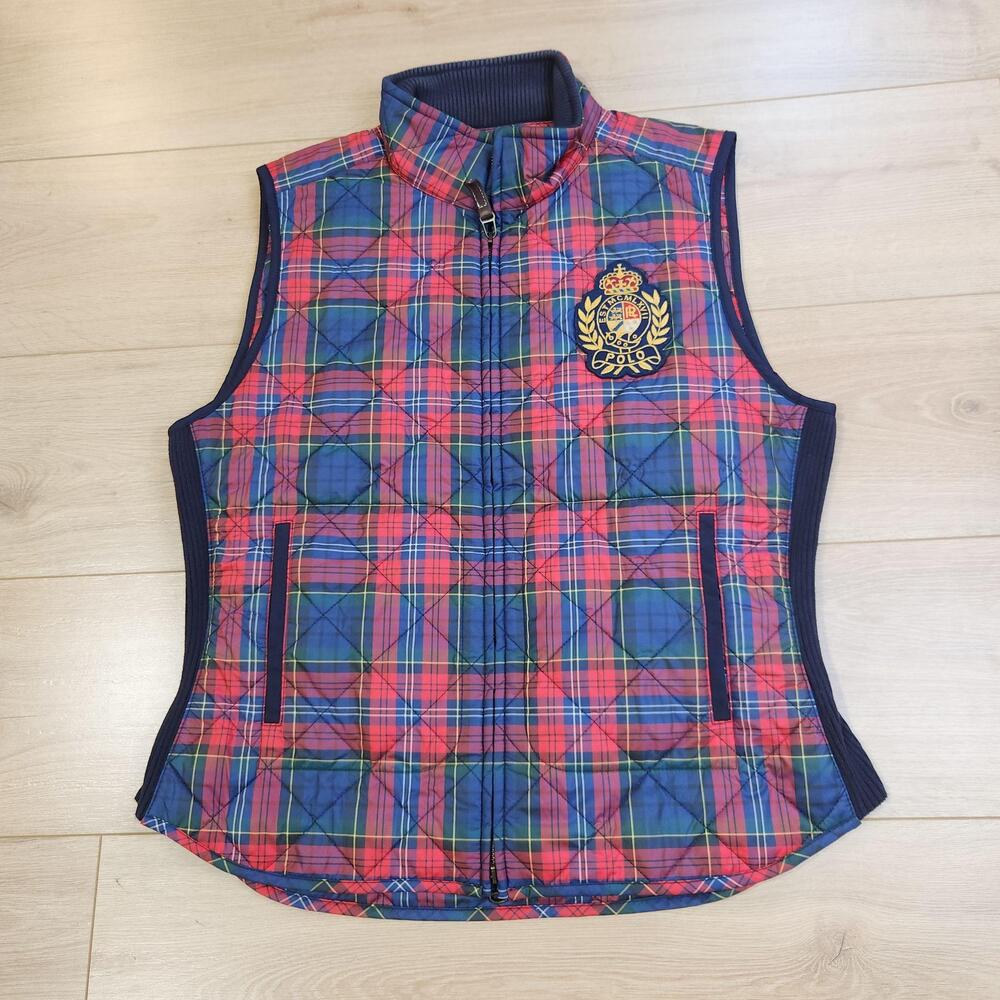 Polo Ralph Lauren Vest Womens Large Multicolor Plaid Quilted Full Zip Puffer